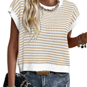 PRETTYGARDEN Womens Short Sleeve Sweater Spring Summer 2025 Round Neck Striped Pullover Cap Sleeve Knit Sweater Vest Tops, S