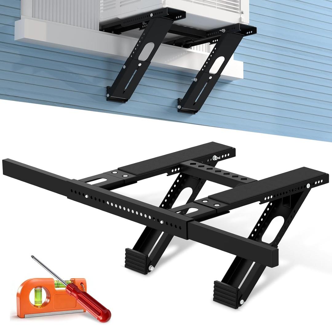 Window Air Conditioner Support Bracket: No-Drill Adjustable Window AC Bracket for Single/Double Hung Windows, Heavy Duty Steel Holds Up to 350 lbs, Universal Units for 5000-24000 BTU, Black