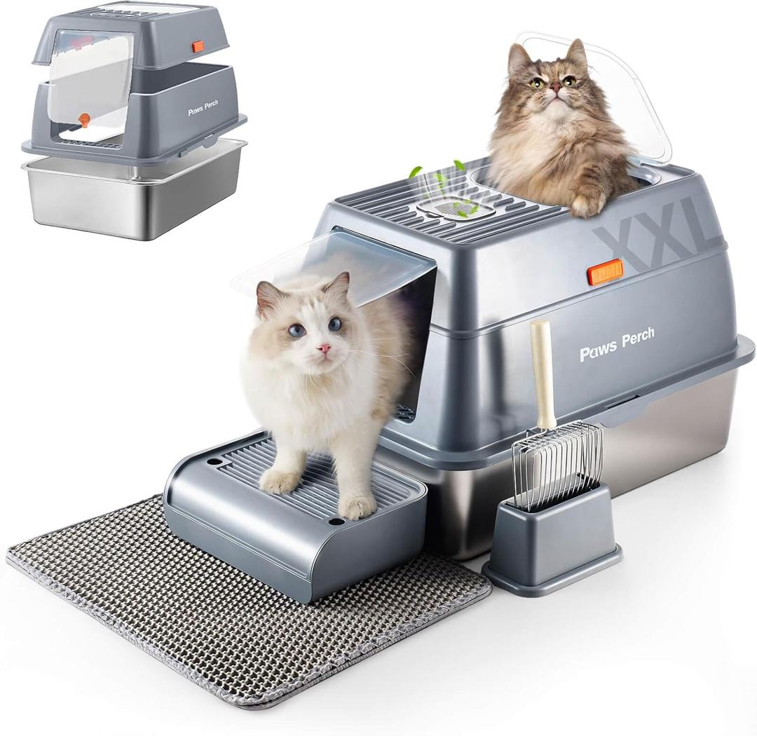 Stainless Steel Metal Cat Litter Box Large Enclosed with Lid, Dog Proof Jumbo Hooded High Sides for Big Cats, Indoor Multi Cat Use - Deep Design & No Smell