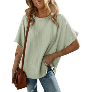 Dokotoo Women's Casual Oversized Short Sleeve Solid Color Loose Texture Knit Tunic Tops Blouses (3X-Large, Meadow Mist Green)