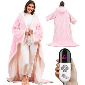 Wearable Heated Blanket with Foot Pocket Sleeves, Heated Robe Heated Snuggie, 6 Heating Levels 4 Hours Auto-Off, Overheat Protection Machine Washable, 50x70, Pink