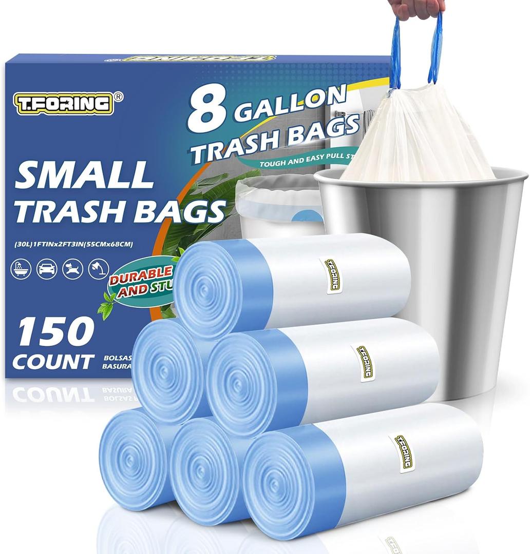 T.FORING 150 Count 8 Gallon Trash Bags Drawstring - 1.2 Mil Heavy Duty Medium Garbage Bags Unscented, 30 Liter Thick Plastic Trash Can Liners for Home Kitchen Bathroom