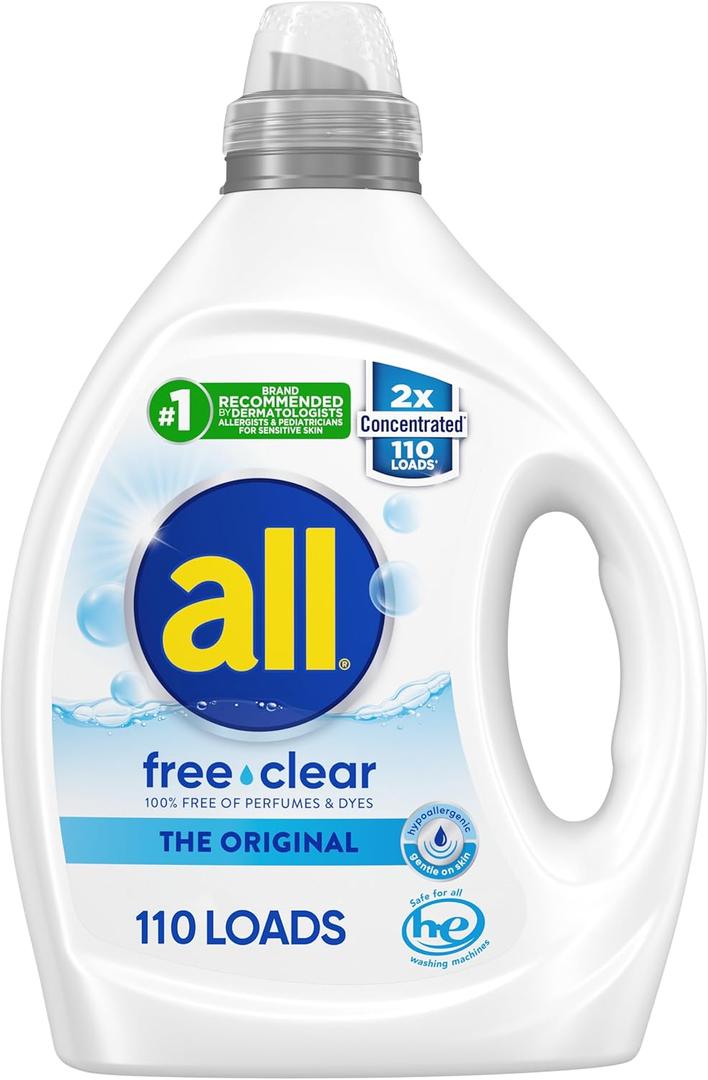 all free clear, Original, Liquid Laundry Detergent for Sensitive Skin, Unscented and Hypoallergenic, Concentrated (82.5 Fl Oz (Pack of 1))