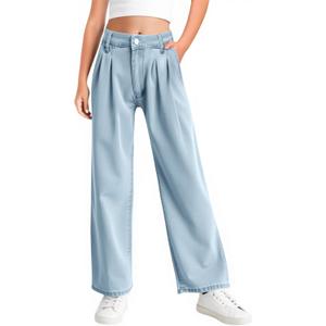 Haloumoning Girls Wide Leg Baggy Jeans Kids Fashion Pleated Elastic High Waist Denim Pants with Pockets 5-14 Years
