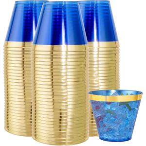 100 Pack 9 oz Blue Plastic Cups, Clear Disposable Cups with Gold Rim, Plastic Cocktail Glasses for Party & Graduation & Wedding