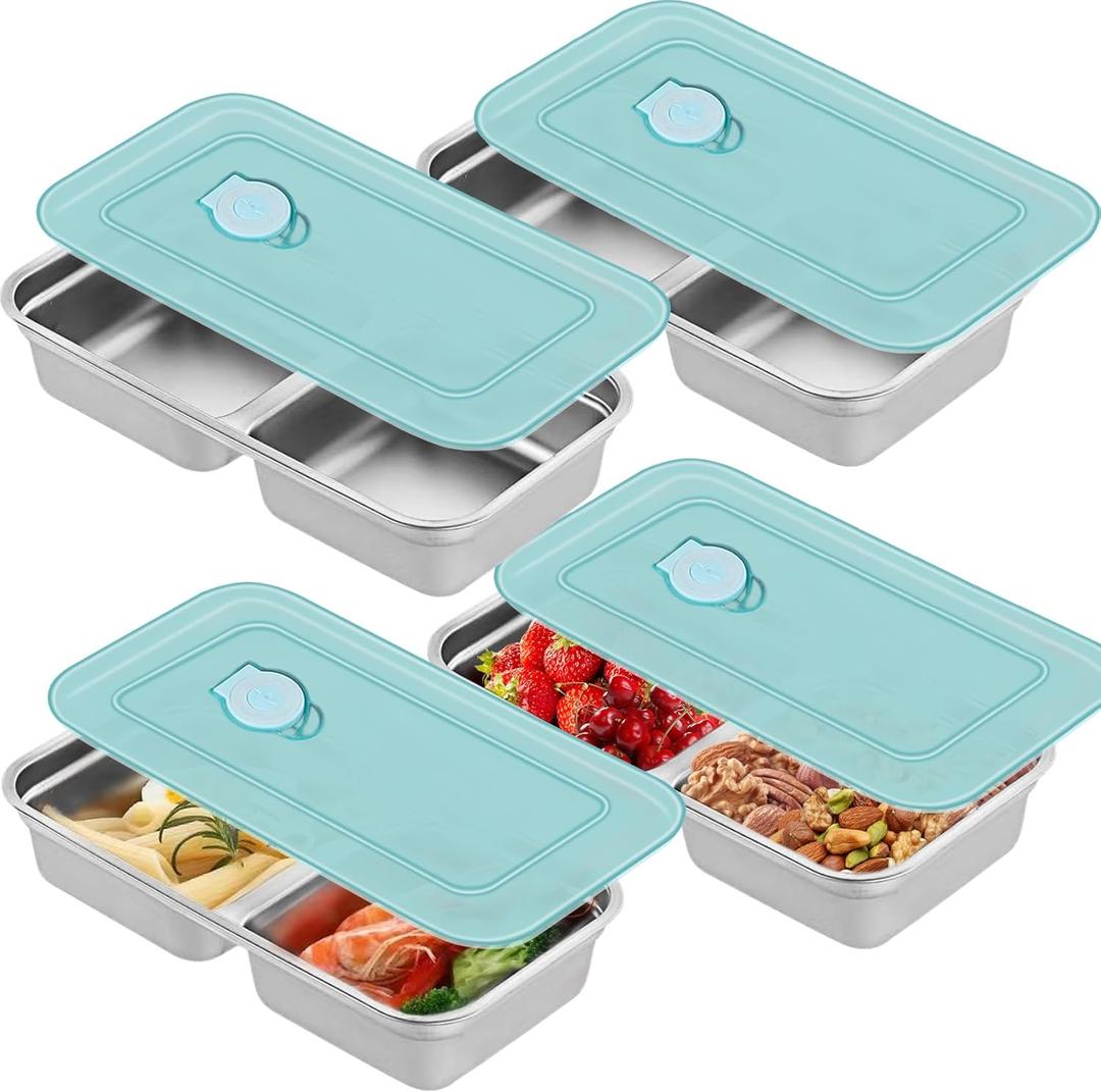 Snack Containers 4 Pack Stainless Steel Meal Prep Containers with Lids,Double Compartment Leakproof Food Storage for Lunch,Bento Box Travel & Camping (Dishwasher Safe)