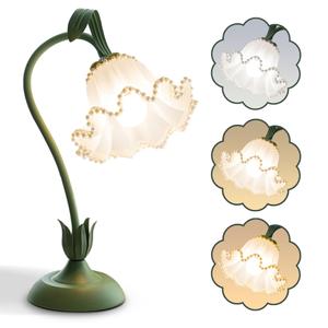 AQDZCNF Flower Table Lamp,LED Reading Light Bedside Vintage Flower Night Light,3 Colors Modes Kawaii Bedside Lamps Decor,Living Room Bedroom Room Lighting Table Lamps Home Decoration (Green Pearls)