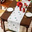 2 x White Christmas Tree Table Runner 95 Inch Long, Ideal for Gifting, Draping Xmas Holiday Table Runner with Dark Green Fringes, Seasonal Winter Kitchen Dining Table Decoration for Home Party 14x95 Inch