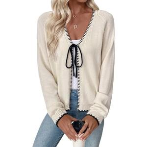 EVALESS Womens Cardigan Sweaters Trendy V Neck Long Sleeve Open Front Bow Tie Knit Chunky Lightweight Fall Outerwear M