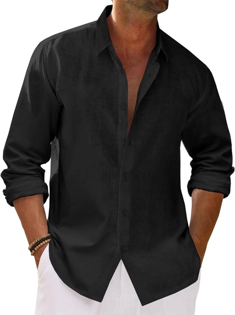 Runcati Mens Button Down Shirt Cotton Linen Casual Long Sleeve Shirts Collared Hippie Beach Tops (Large, Black)