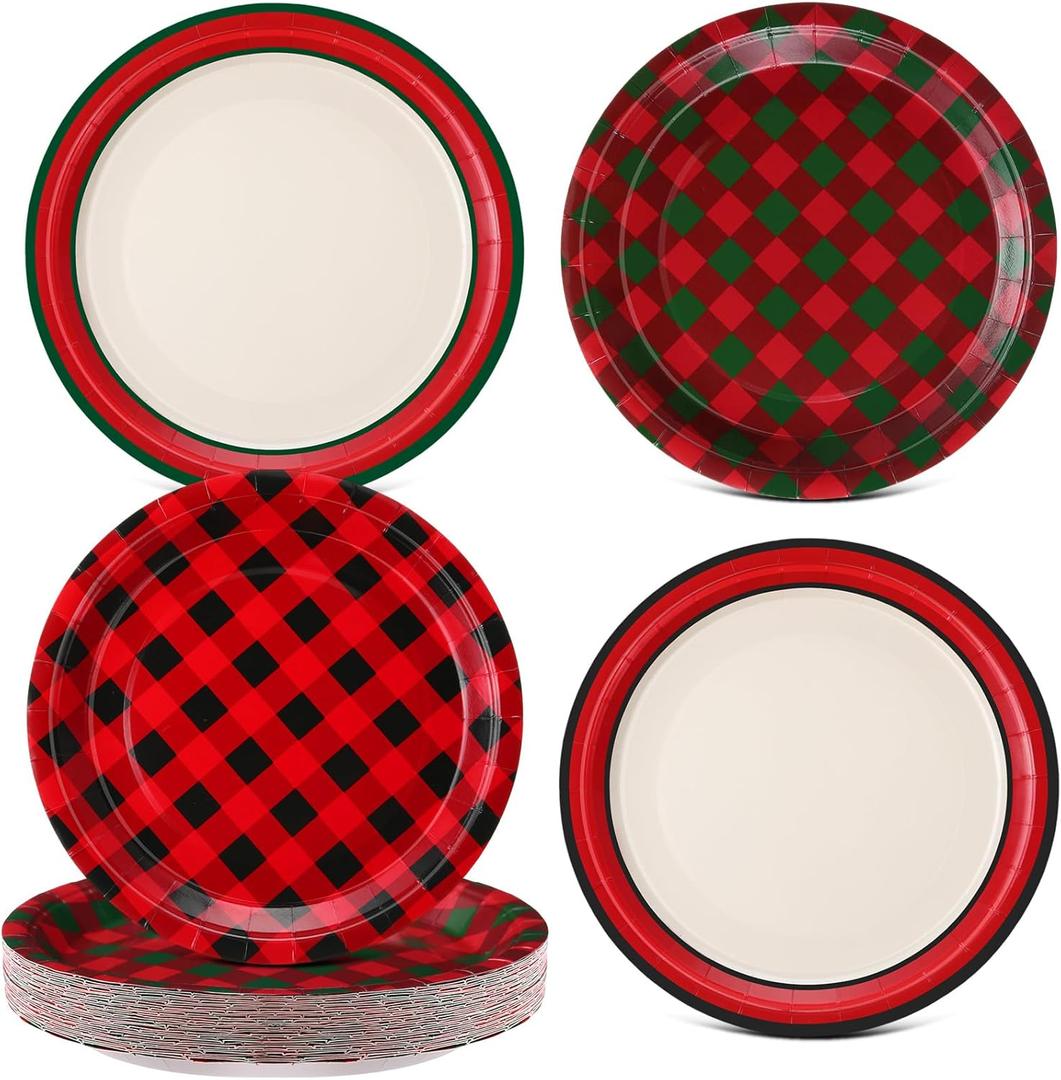 60 Pcs Christmas Buffalo Plaid Plates 9 Inch Disposable Red Black Green Checkered Gingham Dinner Paper Dessert Plates for Birthday Baby Shower Wedding Camping Themed Party Supplies, 4 Styles