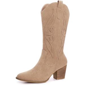 Cowboy Boots for Women 2025: Mid Calf Cowgirl Boots Western Embroidered Country High Heel Pointed Toe Booties