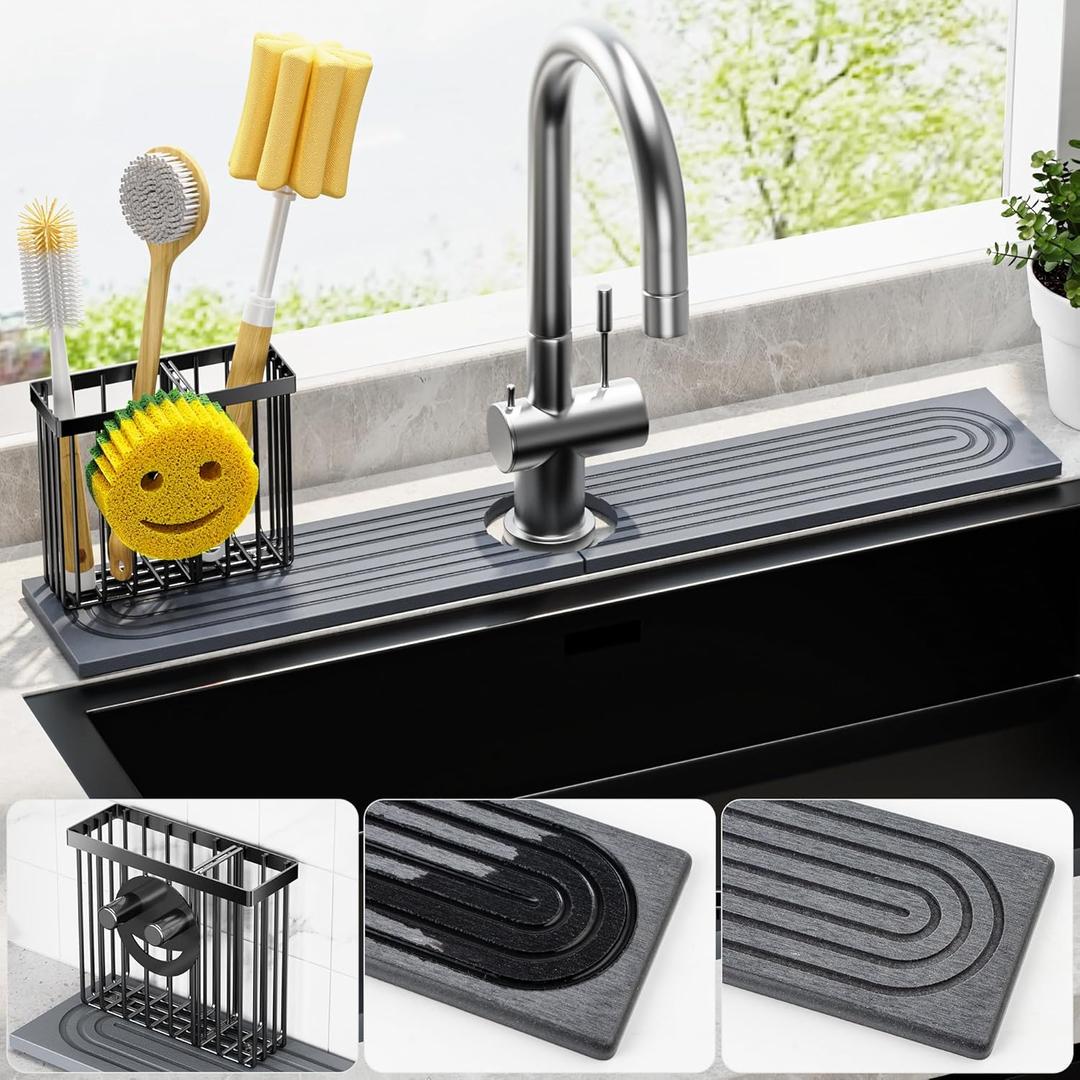 Cisily Diatomite Faucet Mat for Kitchen Sink Protectors with Dish Brush Holder-Absorbent Drying Counter Stone Water Splash Guard Area, Behind Kitchen Sink Caddy Organizers Decor Accessories Organizer (Gray)