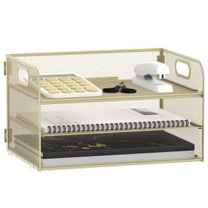 Supeasy 3 Tier Paper Organizer with Handle, Mesh Desk Organizer Letter Tray, Paper Tray File Organizer for A4 File Folder, Gold