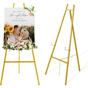 57.1" Tall Gold Easel Stand for Sign, Heavy Duty Folding Metal Easel for Wedding Welcome Sign, Decorative Easel for Mirror, Art, Photo, Adjustable Painting Display 4-Tier Height