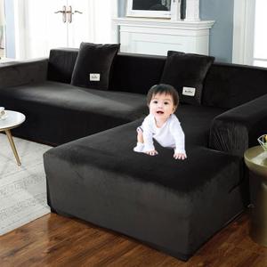 Sectional Sofa Covers 1 Pcs Stretch Couch Slipcover for L Shape Couch Chaise Sofa Furniture Protector Cover for Kids Dogs Pets with 3 Pcs Pillow Covers (Black)