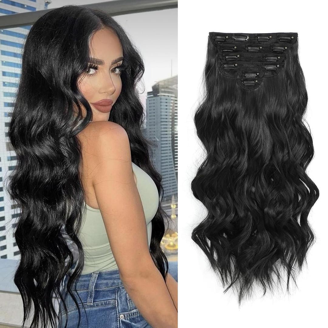 Fliace Synthetic Clip in Black Hair Extensions for Women, 6 PCS Natural Black Hair Extensions, Thick Hairpieces Double Weft Wavy Hairpieces, Soft Hair & Blends Well (20inch, 6pcs, Natural Black)