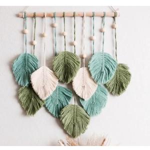 SnugLife Macrame Wall Hanging Leaves - Large Chic Feather Boho Decor, Handmade Yarn Woven Art Leaf Tapestry for Nursery, Bedroom, Living Room, 17 X 22 Inch (Green, Sage Green & Beige)