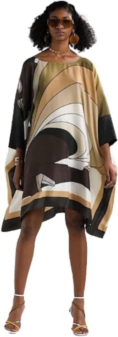 Varni Jewel Full Lengthed Printed Softy Silk Modest Wear Kaftan for Women,Beach Dress,Maxi Dress,Caftan, Birthday,Crew Neck Style,Regular Kaftan (Brown and Black)