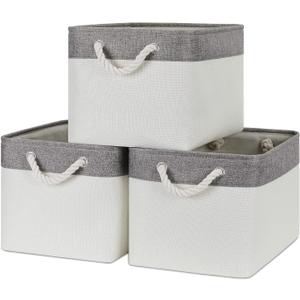 Bidtakay White Baskets with Cotton Rope Handles Decorative Storage Bins [3-pack] Fabric Bins for Organization Linen Closet Shelf Storage Baskets for Clothes Toys Towels 15 X 11 X 9.5 Inches