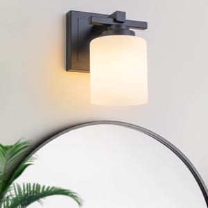 1 Light Modern Bathroom Light Fixtures Over Mirror, Black Vanity Lights for Bathroom Wall Sconces with Milky White Glass Shades, E26 Socket (Bulbs Not Included)