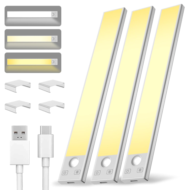 Under Cabinet Lighting 8 inch Rechargeable Battery Operated Motion Sensor Light Wireless Under Counter Lights for Kitchen, Stairs,Hallway (3 Pack)