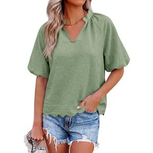 Tankaneo Womens Summer Puff Sleeve Tops V Neck Blouses Casual Tee Shirts (Green, M)