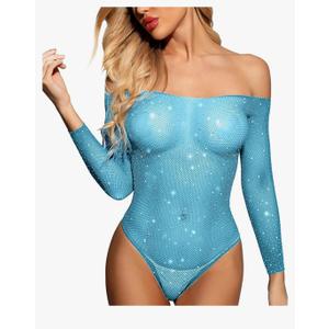 RSLOVE Women Lingerie Fishnet Bodysuit Sparkle Rhinestone Sexy Mesh Teddy Lingerie, M