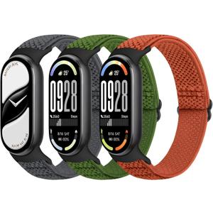 Elastic Bands Compatible with Xiaomi Smart Band 10/9/8 for Women Men, Stretchy Solo Loop Soft Nylon Elastic Strap Replacement Wristband for Xiaomi Mi Band 10/9/83 PCS (Grey+Olive Green+Orange)