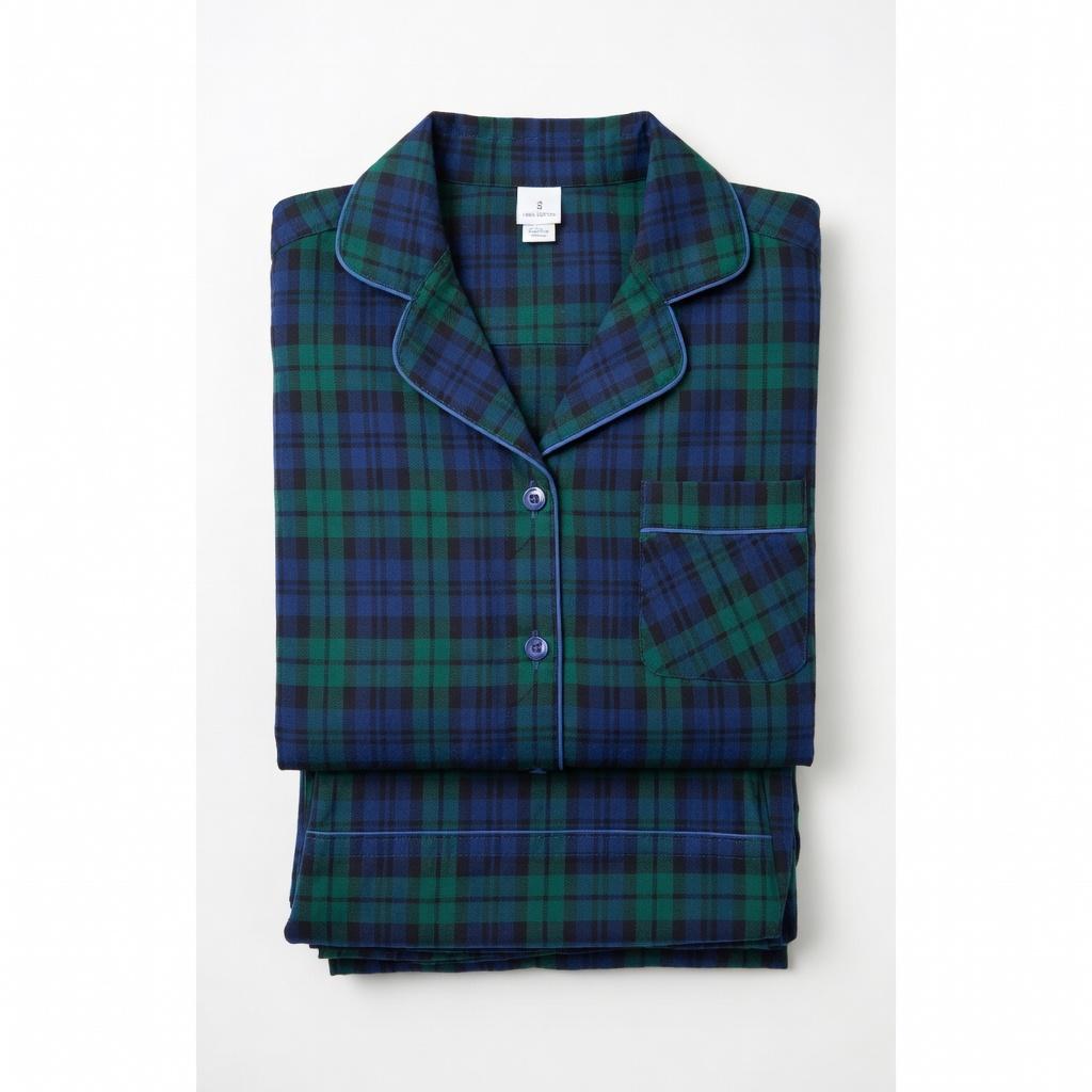 100% Cotton Pajamas for Women 2PC PJ Set Soft Pajama Set Long Sleeve Button-Down Two Piece Printed Sleepwear Loungewear Set (Green Blue Plaid, S)