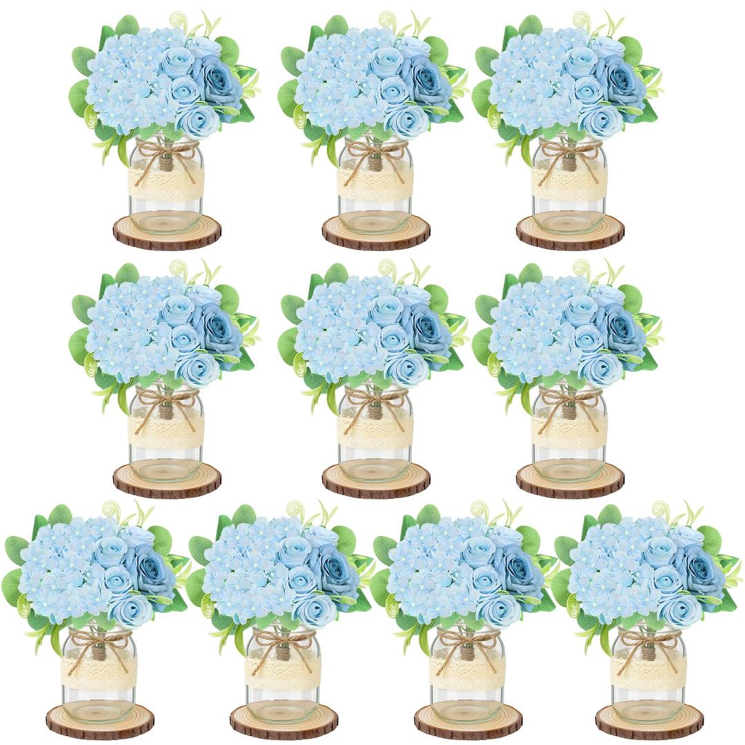 Set 6 Mason Jar Table Centerpiece - Wedding Centerpieces for Tables, Mason Jar Flower Centerpiece Vases Decor- Boho Farmhouse Rustic for Engagement, Bridal Shower, Wedding, Versatile Decor (Blue)