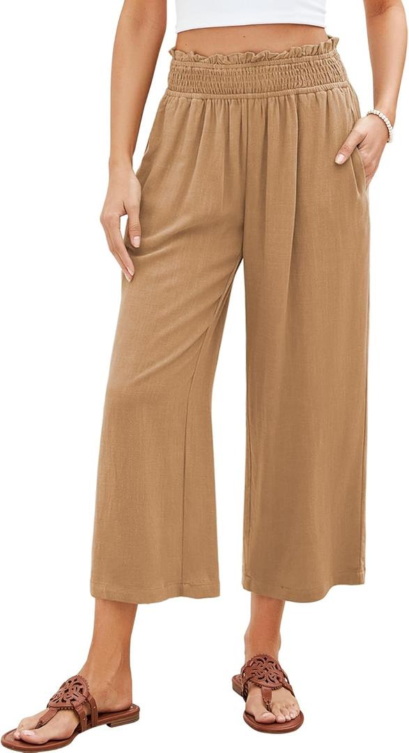 GRAPENT Capri Pants for Women High Waisted Wide Leg Linen Palazzo Trousers Pull On Elastic Smock Waist Loose Flowy Pants (X-Large, Dark Khaki)
