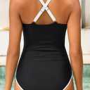 Daci Women's One Piece Swimsuits Tummy Control Neon Color Block Swimwear | Sexy Sheer Mesh, V Neck, Cross Back Design, Full Coverage, Removable Pads, Pool, Beach, Trip (Black, S)