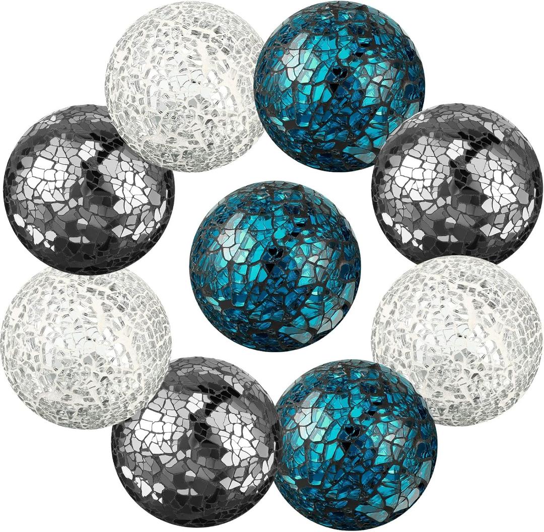 Decorative Ball Set 6.5cm/ 2.5 Inch Mosaic Glass Orbs Sphere Glass Centerpiece Balls Decorative for Bowls Vases Tables Wedding Party(Sliver, Dark Blue, Black,9 Pieces)