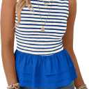 Tankaneo Womens Summer Striped Peplum Tank Tops | Casual, Crew Neck, Sleeveless, Color Block, Loose Fit Ruffle Blouse (Blue, S)
