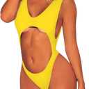 Viottiset Women's Cutout High Cut One Piece Thong Swimsuit Bikini Monokini Bandage (Yellow, XL)