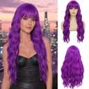 Sallcks Womens Long Curly Wavy Wig Purple Wigs with Bangs Synthetic Full Wigs for Daily Party Cosplay Costume