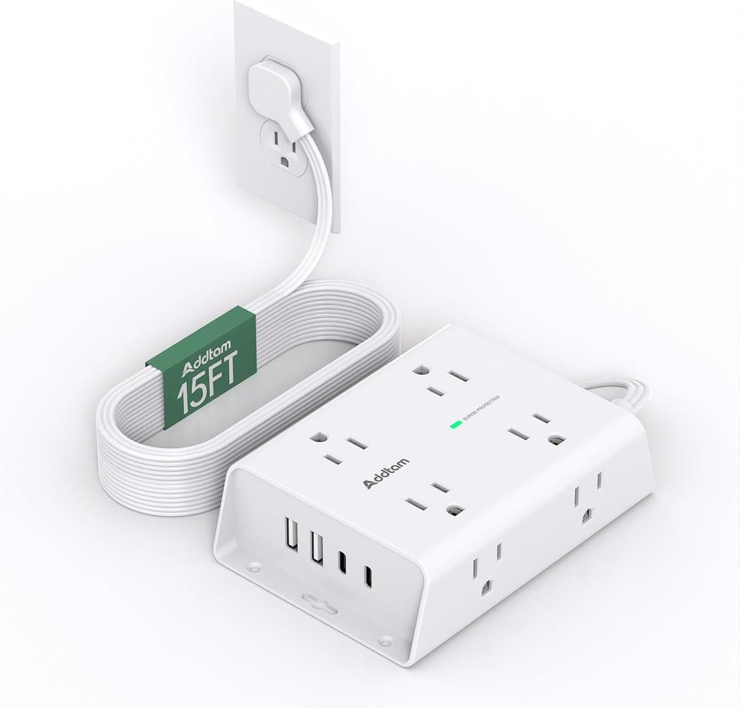 15FT Flat Plug Extension Cord with Multiple Outlets, Surge Protector Power Strip with 8 Outlets 4 USB Ports (2 USB C), Multi Outlet Wall Plug for Home Office College Dorm Room Essentials (White)
