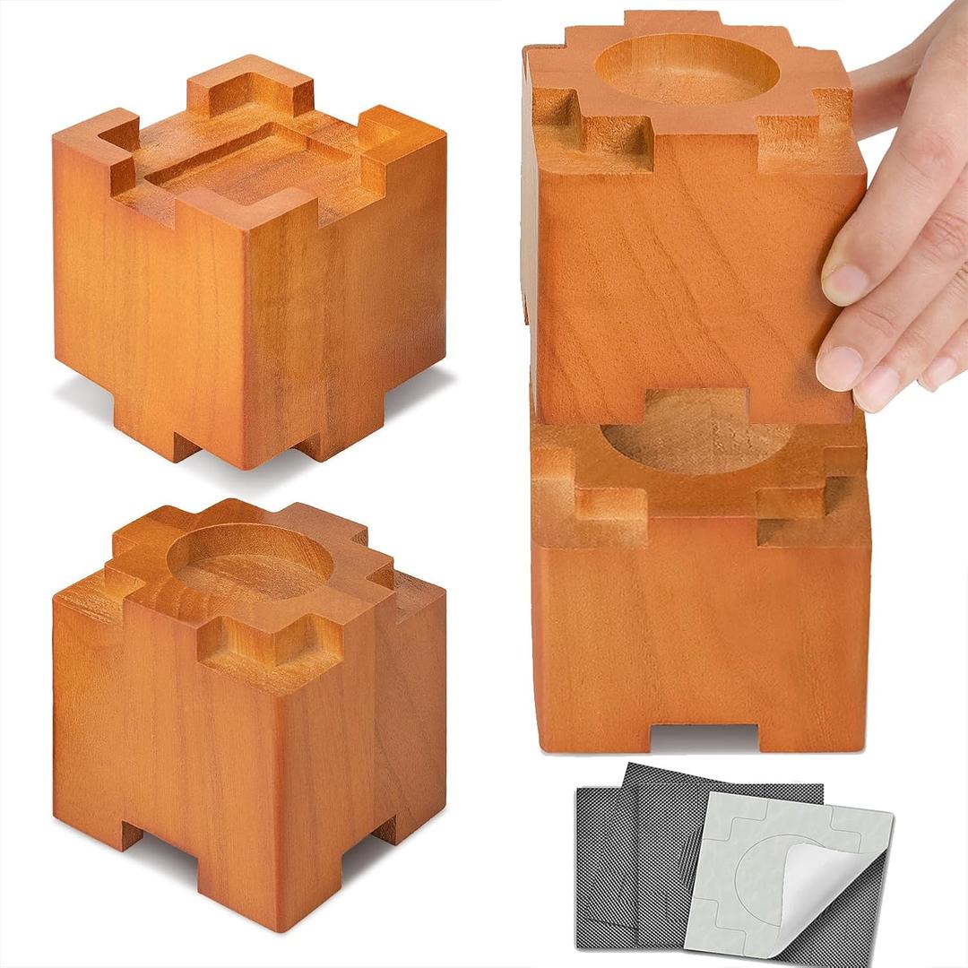 Wood Bed Risers 3.5 inch with Non-Slip Rubber Pad, Safe Sturdy Furniture Risers, Stackable Bed Lifts 4 Pack for Sofa and Couch Chair Table Leg Extenders, Brown