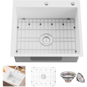 White Stainless Steel Kitchen Sink - 25x22 Inch Single Bowl Topmount With Sink Grid and Drain Assembly - Clean & Bright Bar Sink to Enhance Aesthetic Appeal of Modern Kitchen, 25x22x9 inches