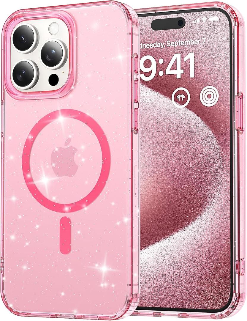Clear Glitter Case for iPhone 15 Pro Case Magnetic Women Girls Bling Sparkly Luxury Slim Cover Shockproof Case for iPhone 15 Pro 6.1",Pink Glitter