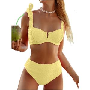 SOLY HUX Women's High Waisted Bathing Suit Tie Shoulder Underwire Summer Swimsuit Bikini Set (Medium, Pure Yellow)