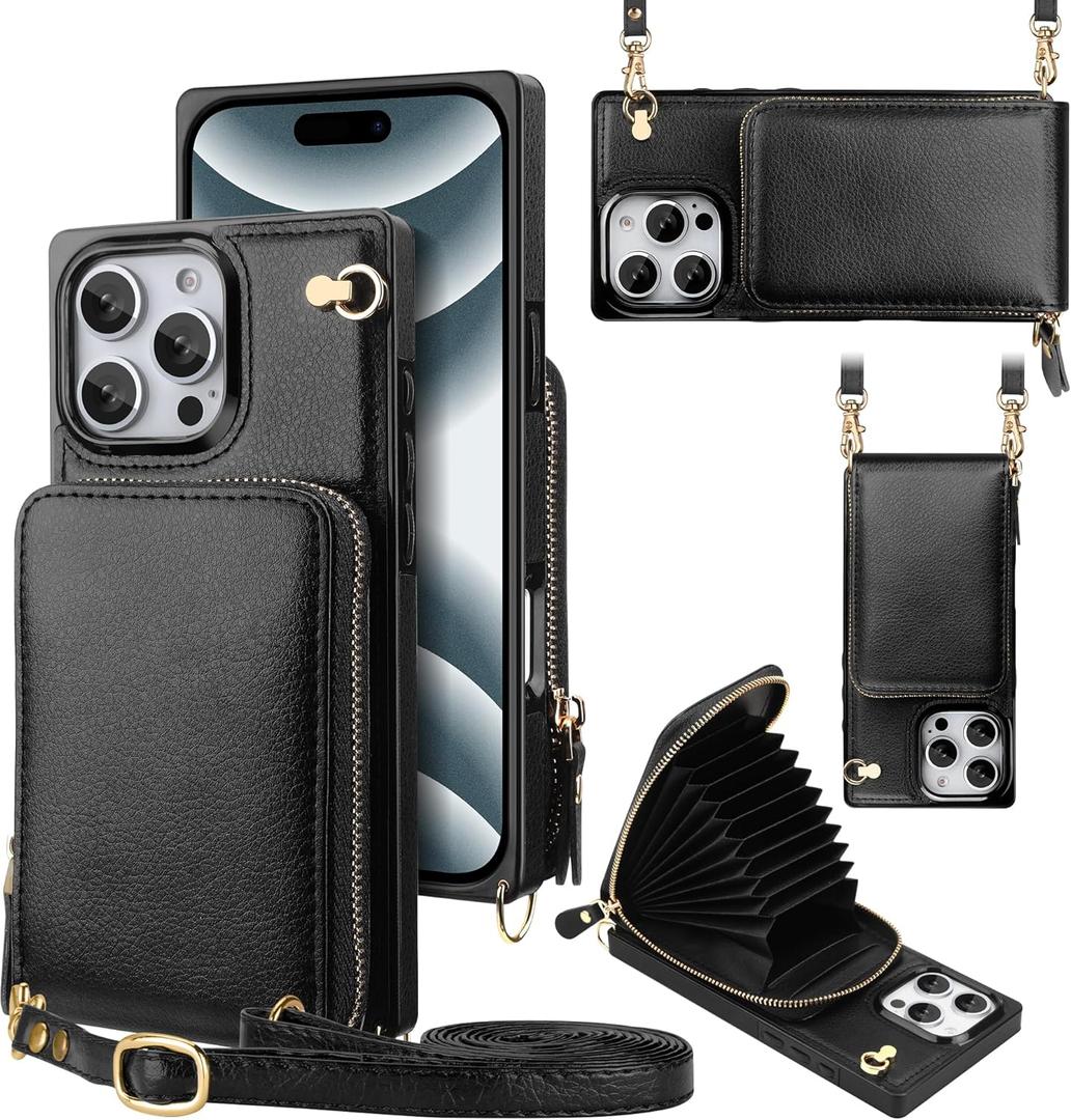 JAKPAK for iPhone 16 Pro Max Case with Card Holder for Phone Wallet Case Crossbody Zipper with Card Slots and Lanyard for iPhone 16 Pro Max 6.9 inch-Black