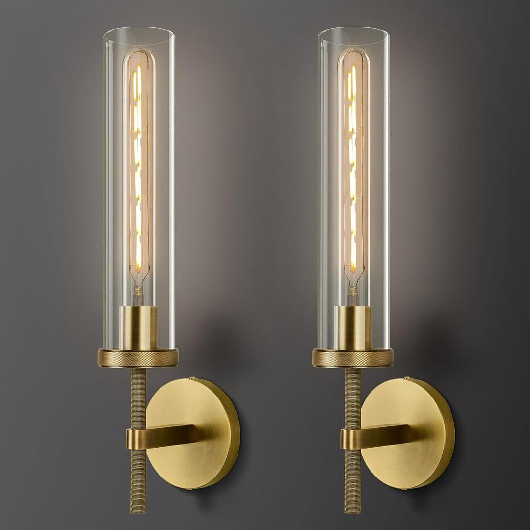Brass Wall Sconces Set of Two, 19.48" Modern Wall Lighting with Clear Glass Tube, Bathroom Vanity Lights, Bronze Sconces Wall Lights for Bedroom, Living Room, Hallway, Staircase (Including Bulb) (2pack)