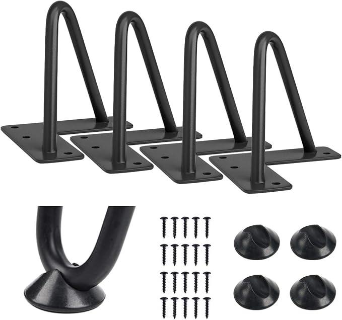 Hairpin Table Legs: Set of 4 Metal Furniture Legs with Floor Protectors for Nightstand Coffee Table Bench Desk Home DIY Projects Heavy Duty Support Hairpin Table Legs (Black) 4×4×2,5 In