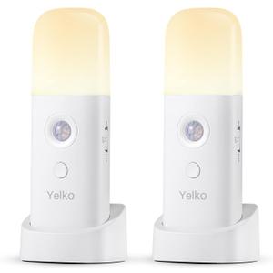 YELKO Motion Sensor Night Light, 2000mAh Rechargeable Night Lights Battery Powered, Portableimmable Nightlights with 5 Brightness Levels for Kids,Adults (Warm White 2Pack)
