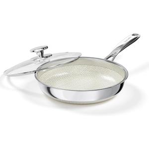10 Inch Non Stick Frying Pan with Lid, Ceramic Hybrid Tri-Ply Stainless Steel Non Stick Skillet Pan W/ Lid Healthy Nonstick Cookware Induction Omelette Chef Frying Pan, Oven Safe, PFAS/PFOA/PTFE Free
