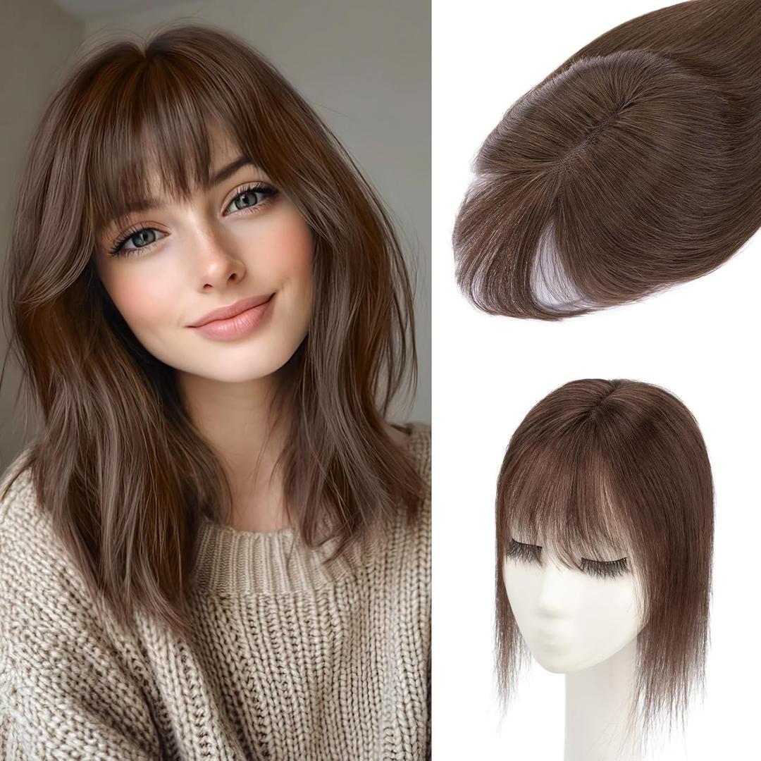 S-noilite Hair Toppers for Women Real Human Hair, 100% Real Human Hair Toppers with Bangs for Women with Thin Hair,2.25"*6" Lace Silk Base 10 inch Dark Brown