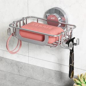 TAILI Soap Bar Holder Dish with Hooks, Shower Soap Tray Saver Suction Cup with Razor Holder for Wall, Rustproof Stainless Steel Bath Shampoo Caddy for Bathroom Accessories Organizer, Silver