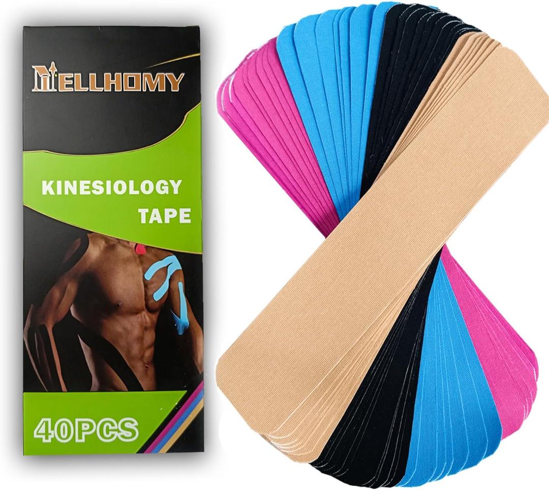PRO Precut Kinesiology Tape  40 Strips 4 Colors (2"x10"), Latex-Free Cotton Athletic Tape, Waterproof & Elastic Sport Tape for Joint Stability, Muscle Pain Relief, Athletic & Daily Recovery